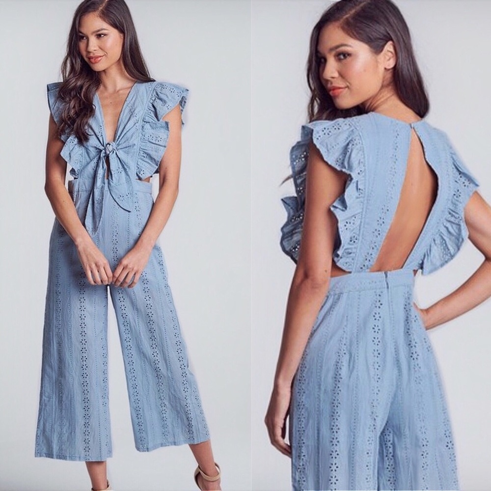 NEW! Ruffle Sleeve Open Back Empire Waist Jumpsuit - Picture 3 of 7